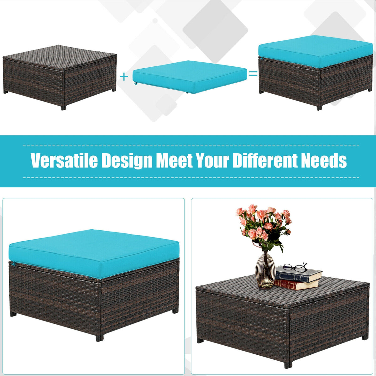 5-Piece Patio Rattan Furniture Set with Cushions - Turquoise