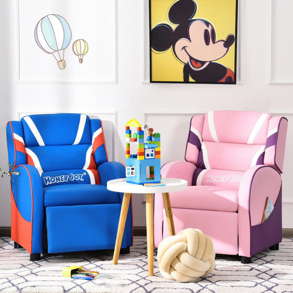 Kids Leather Recliner Chair with Side Pockets - Pink, Style B, Adjustable