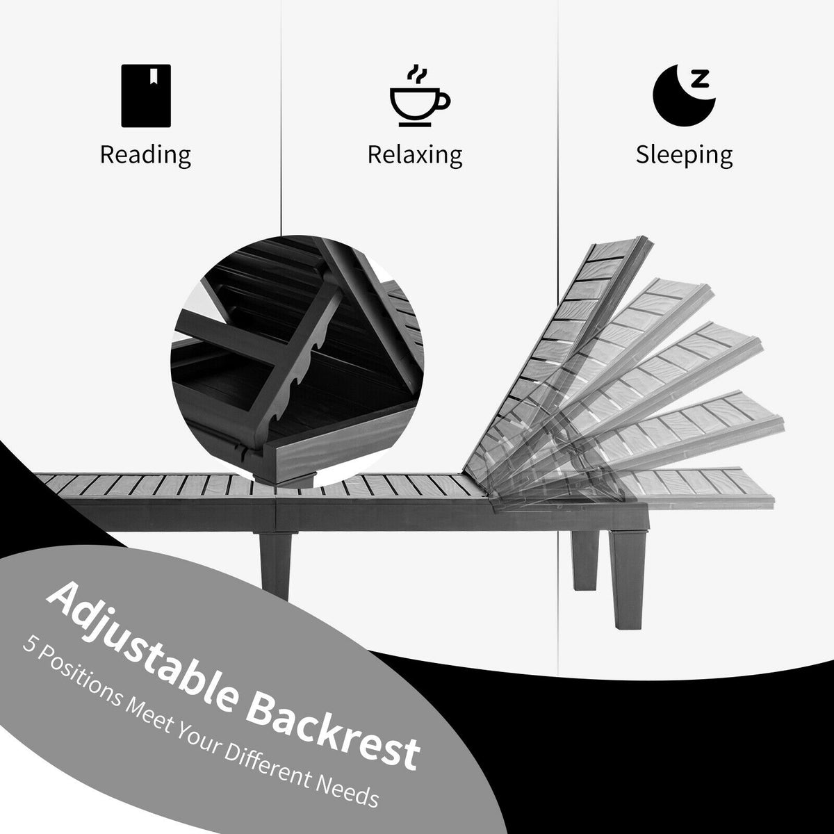 Outdoor Chaise Lounge Chair 5-Position Adjustable Backrest - Black