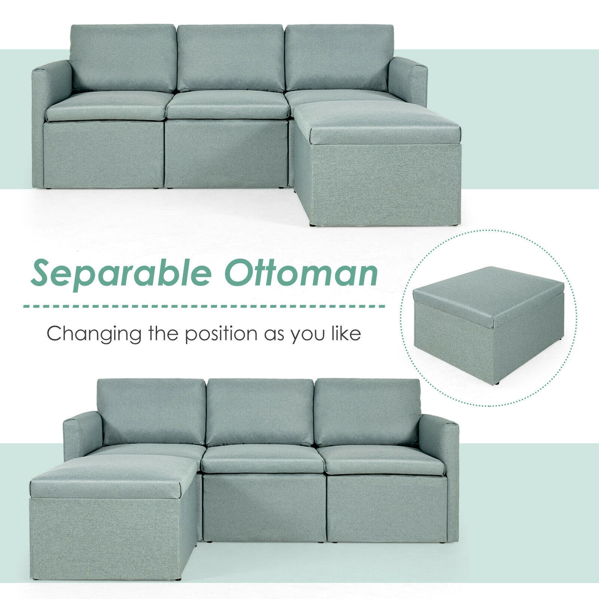 Convertible L-Shaped Sectional Sofa with Reversible Chaise - Green