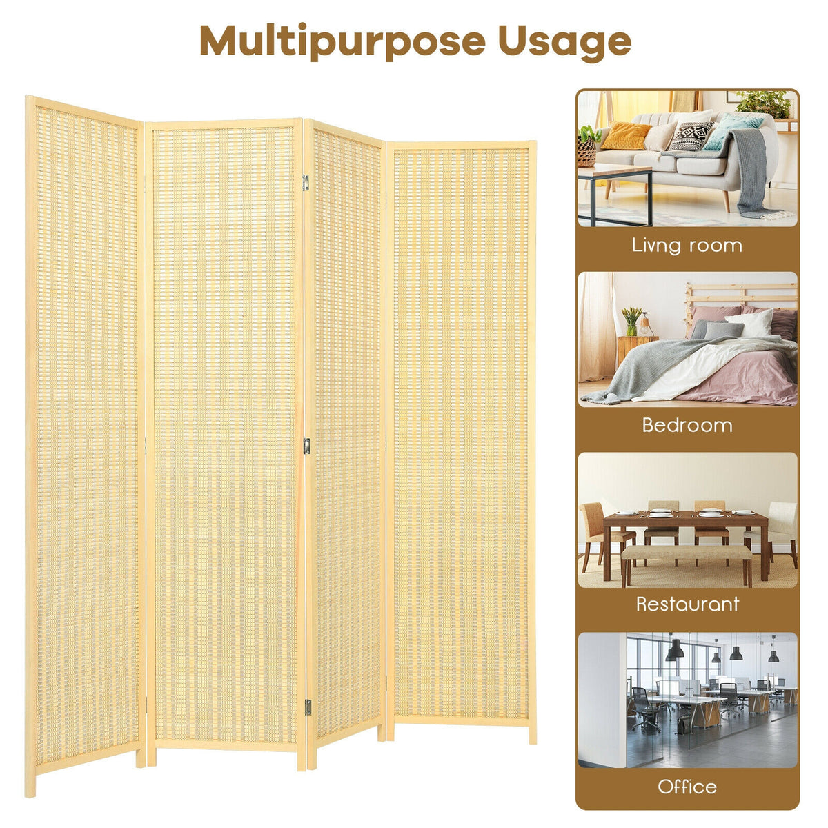 Natural 6 ft 4-Panel Portable Folding Room Divider Screen - Space Saver Privacy