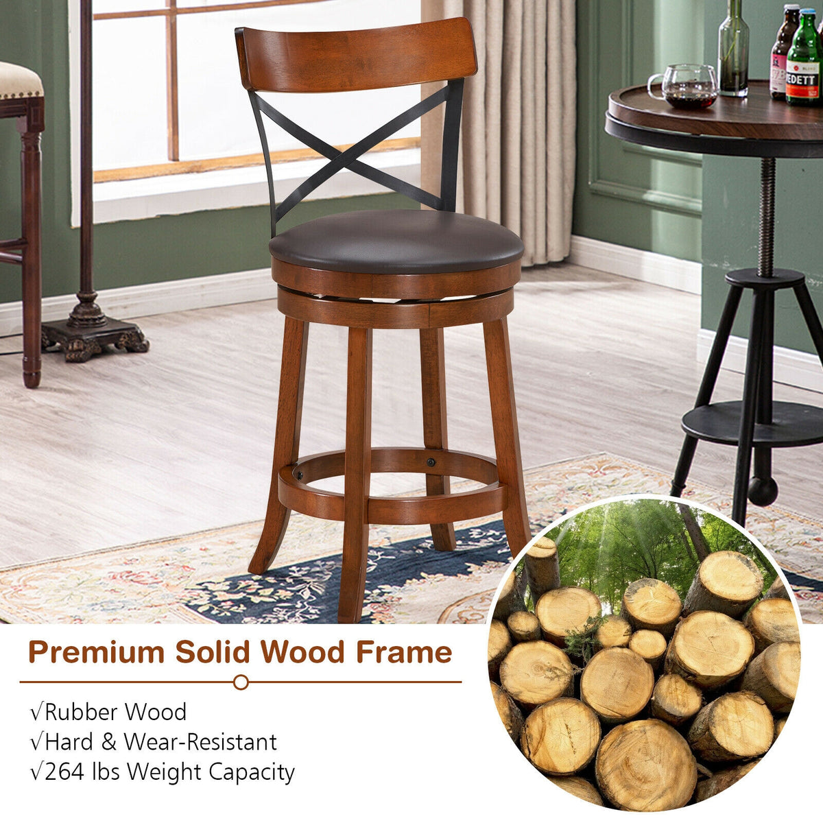 Set of 2 Bar Stools 360-Degree Swivel X-Back 25 inches