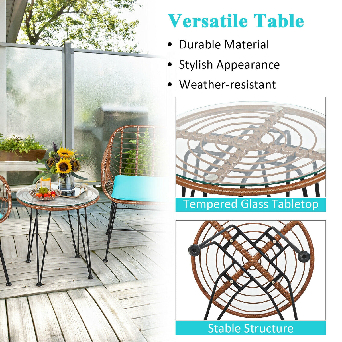 3 Pieces Patio Rattan Bistro Set with Cushion