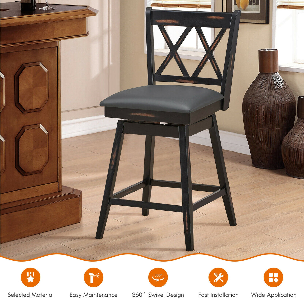 2-Piece 25" Counter Height Bar Stools with Cushion - Black