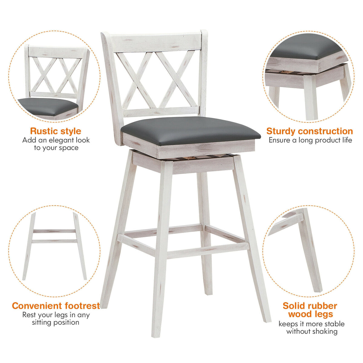 2-Piece Counter Height Barstool Set with Swivel Seat - White Cushion