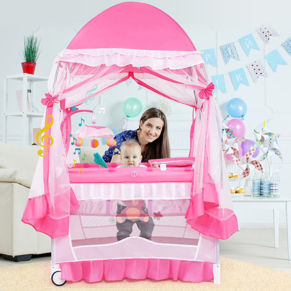 4-in-1 Portable Baby Playard with Carry Bag, Mosquito Net & Removable Bassinet - Pink