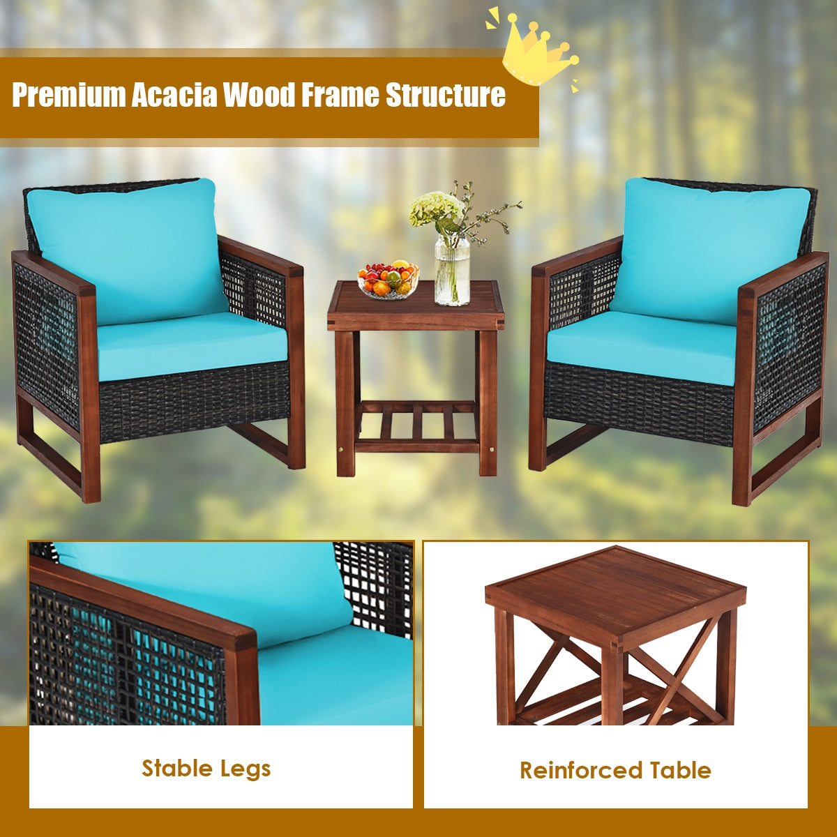 3 Pieces Acacia Wood Patio Furniture Set with Coffee Table