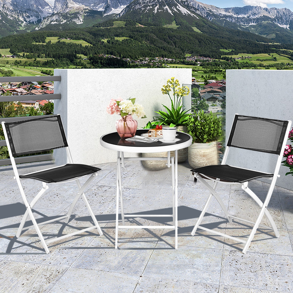 3-Piece Patio Bistro Set with Folding Chairs & Glass Table - Black Textile