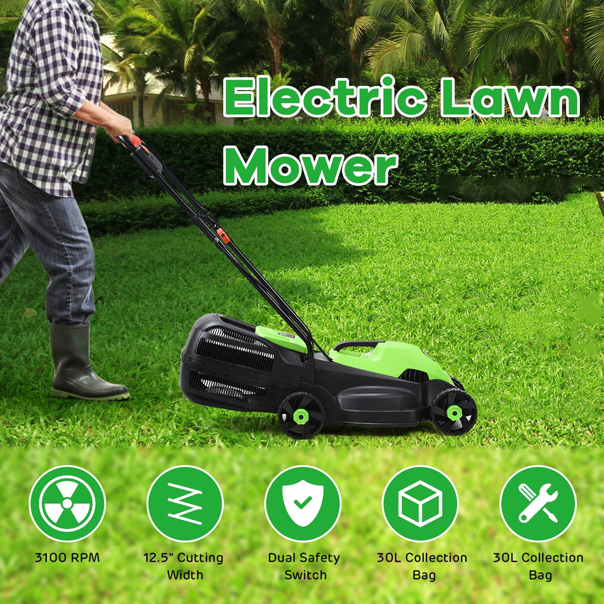 13 Inch Electric Push Lawn Corded Mower with Grass Bag