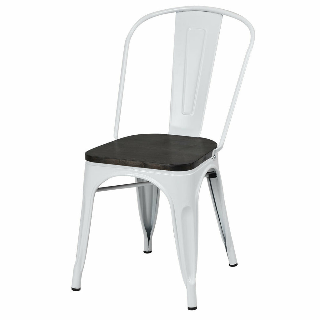 4 Piece Metal Dining Chairs with Wood Seat - White