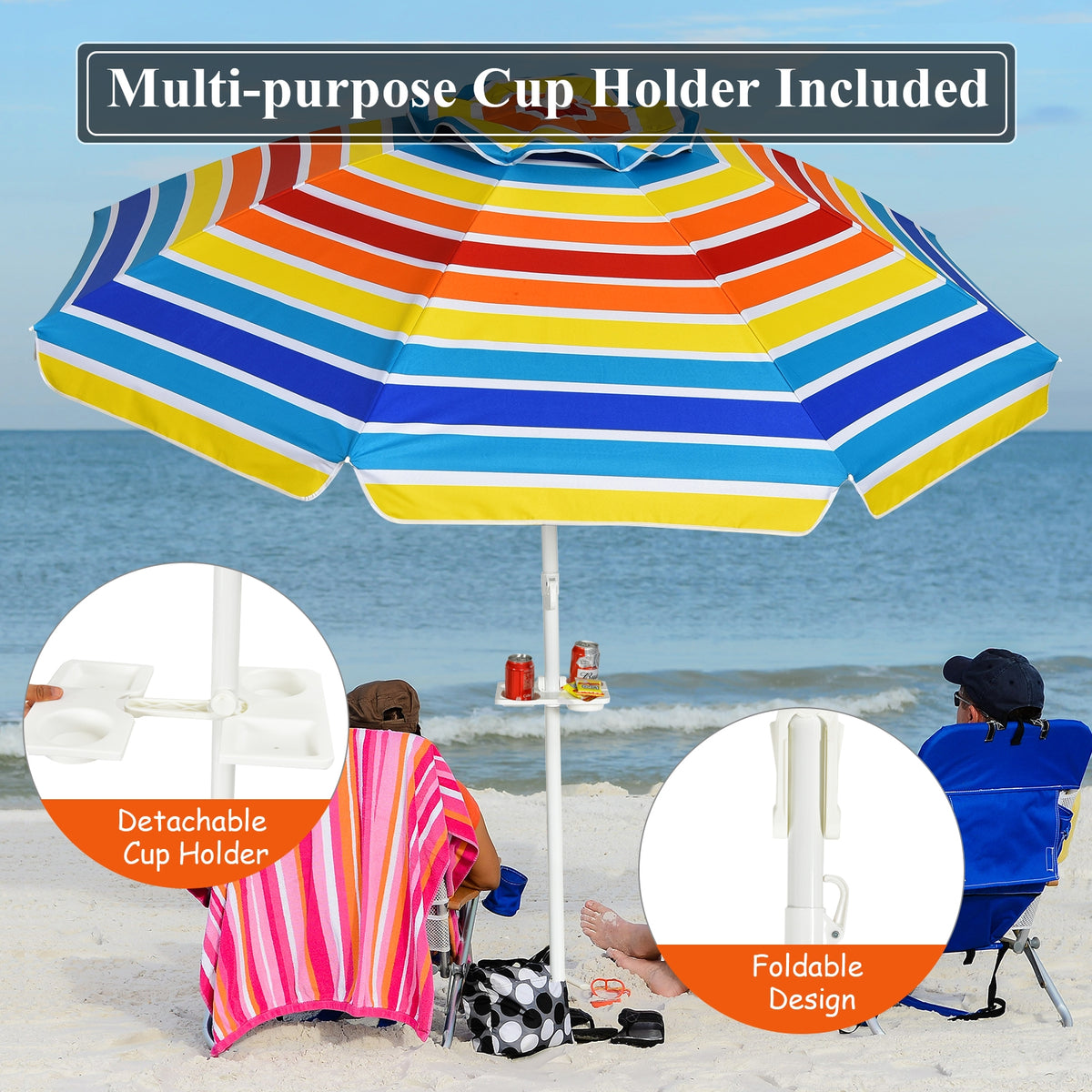 7.2 FT Beach Umbrella with Sand Anchor & Tilt – Multicolor