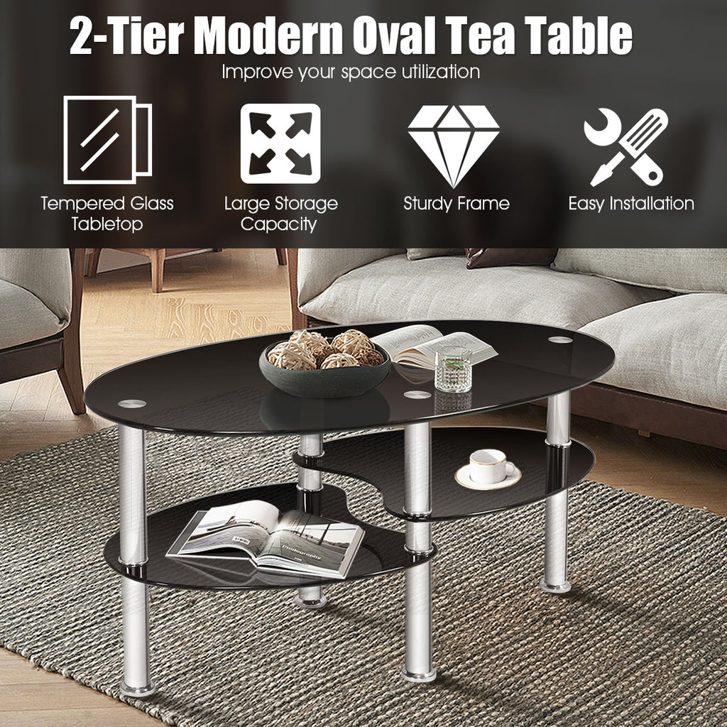 Tempered Glass Oval Coffee Table with Storage – Black