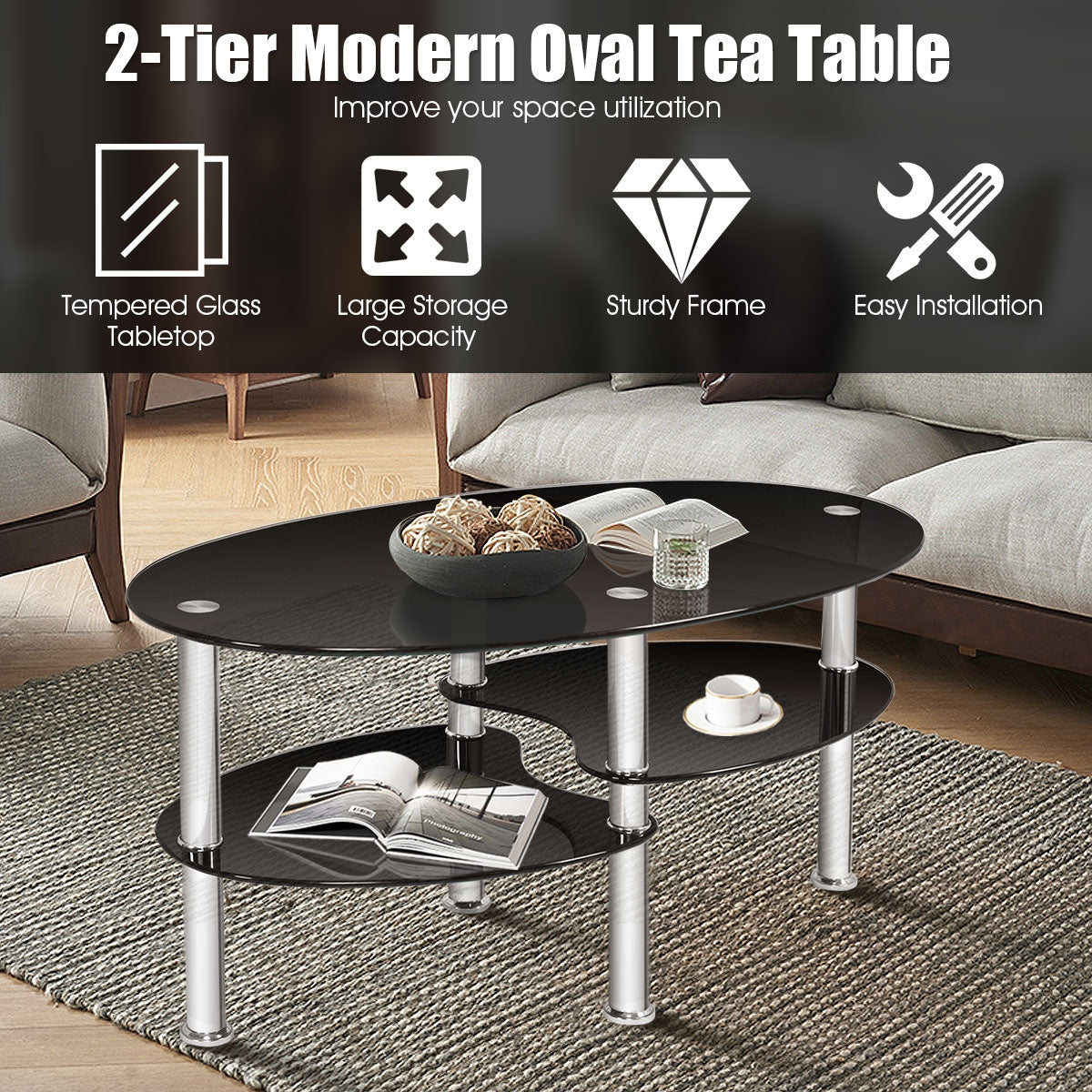 Tempered Glass Oval Coffee Table with Storage – Black