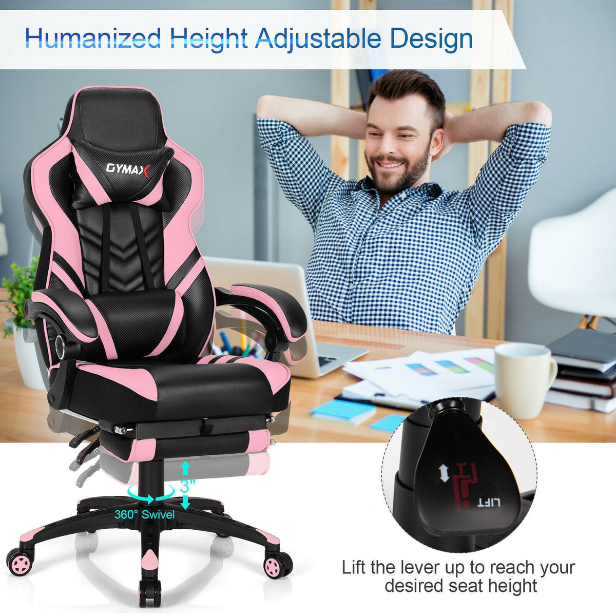 Adjustable Gaming Chair with Footrest, Pink