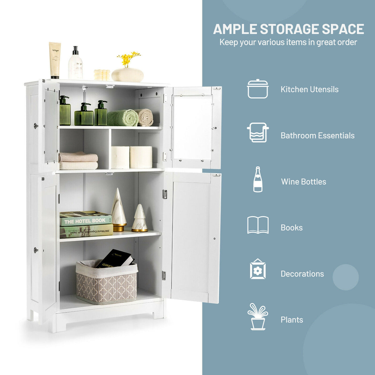 Bathroom Floor Storage Cabinet with Glass Doors and Adjustable Shelf