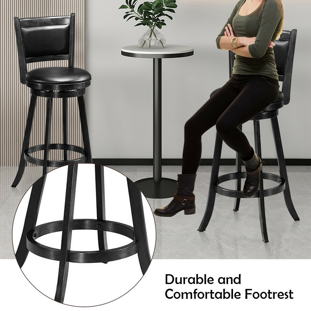29 Inch Wooden Swivel Bar Stool with PVC Cushioned Seat - Black