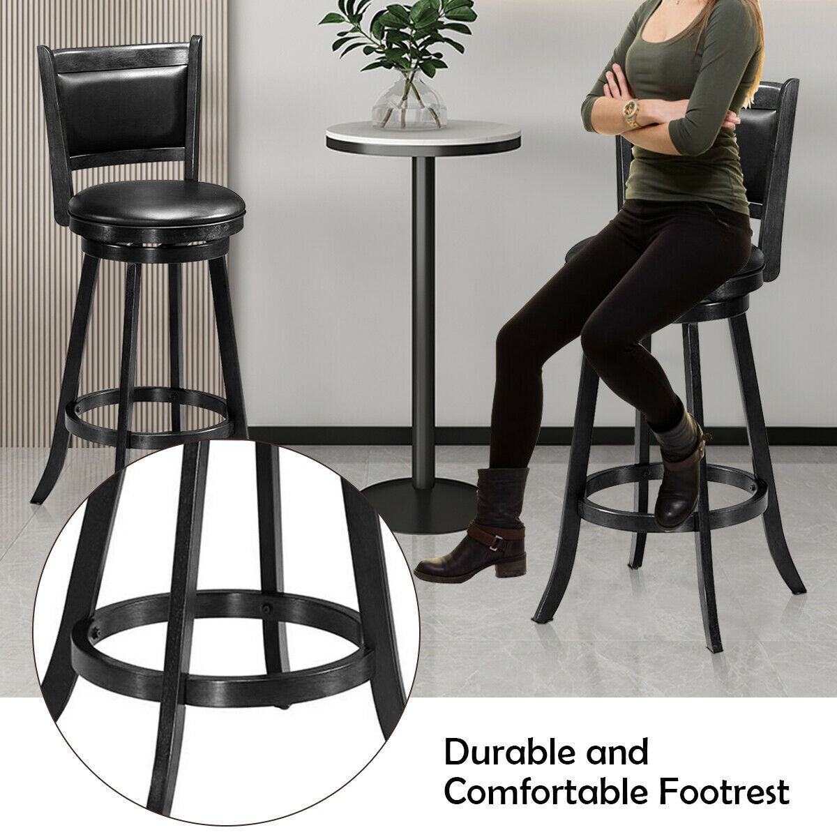29 Inch Wooden Swivel Bar Stool with PVC Cushioned Seat - Black