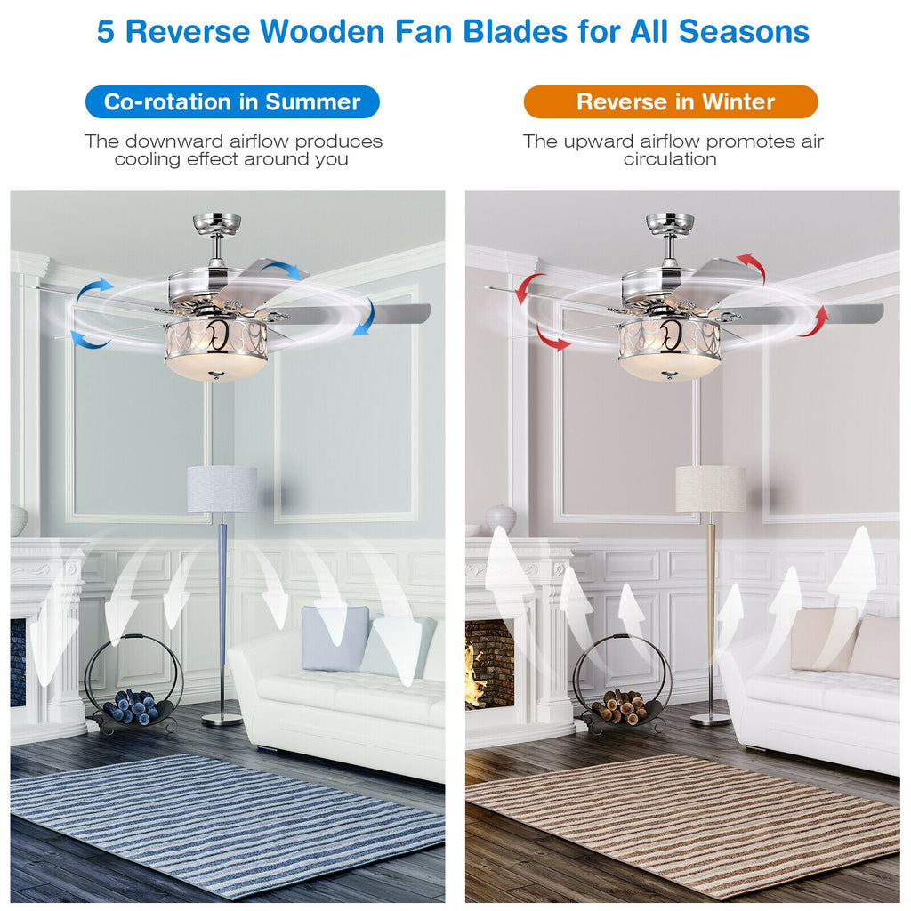 52-Inch Ceiling Fan with Light Reversible Blades and Remote Control - Silver