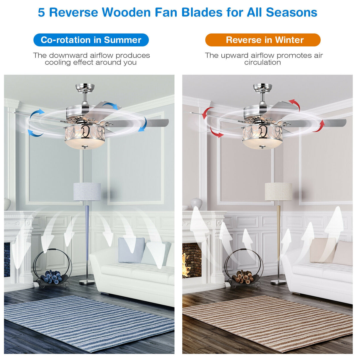 52-Inch Ceiling Fan with Light Reversible Blades and Remote Control - Silver