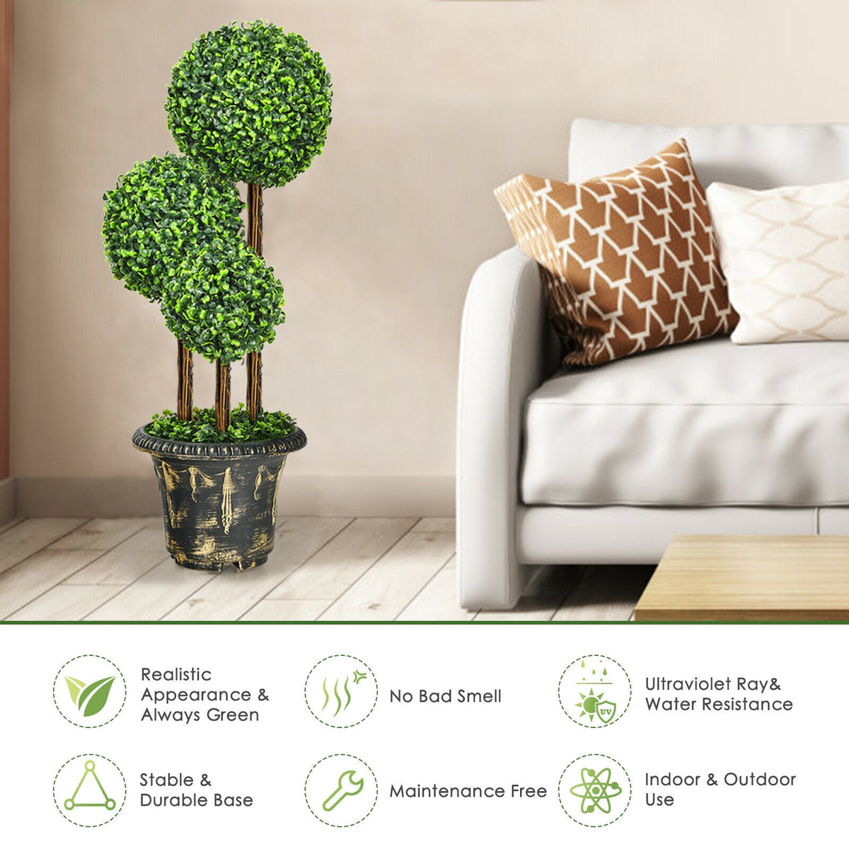 36-Inch Artificial Topiary Triple Ball Tree for Indoor & Outdoor Decor - Realistic Green Leaves