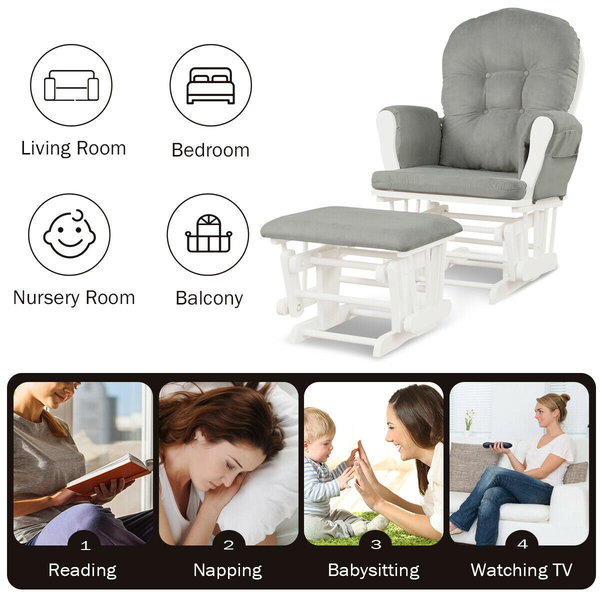 Wood Glider and Ottoman Set with Storage Pocket - Light Gray