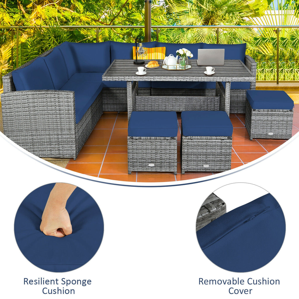7-Piece Outdoor Wicker Sectional Sofa Set with Dining Table - Navy