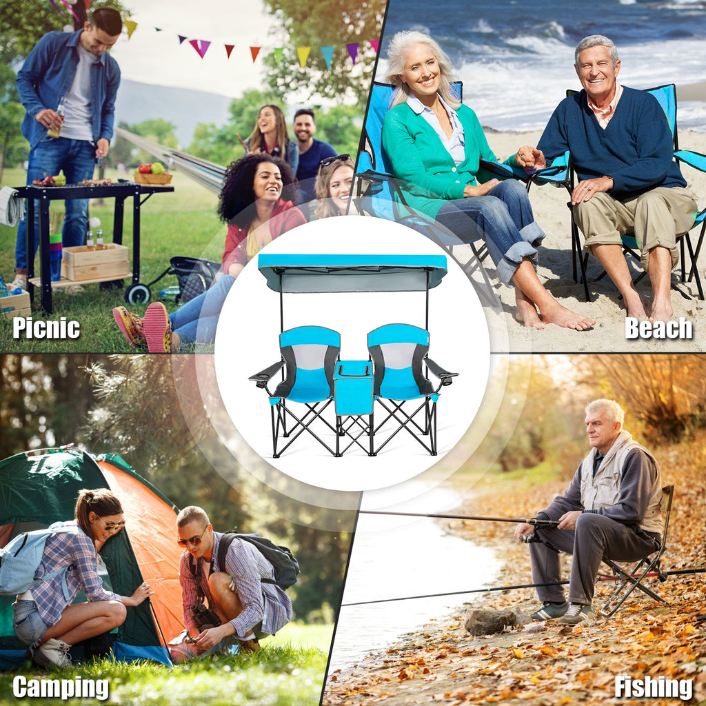 Folding Camping Chair with Canopy and Cup Holder - Blue