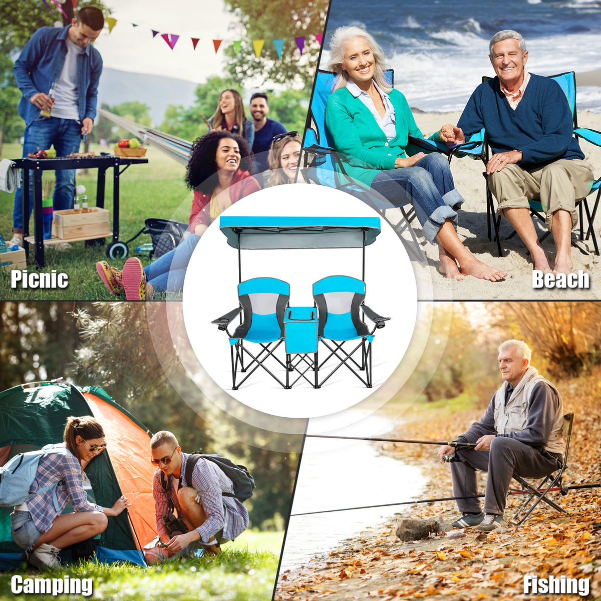 Folding Camping Chair with Canopy and Cup Holder - Blue