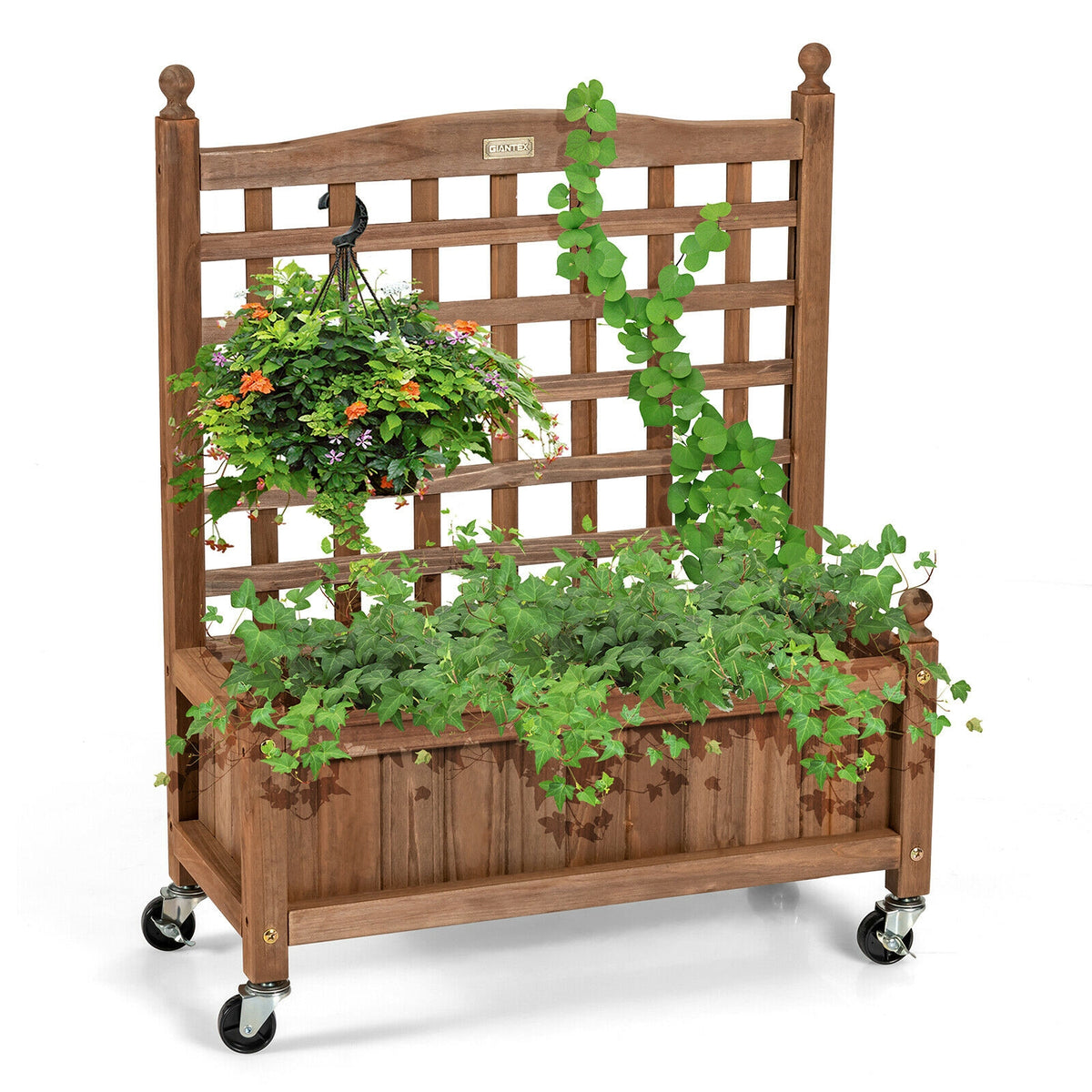 32in Wood Planter Box with Trellis Mobile Raised Bed for Climbing
