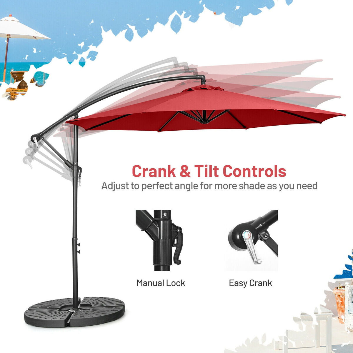 10x8 Ft Cantilever Umbrella with 8 Ribs & Cross Base, Red