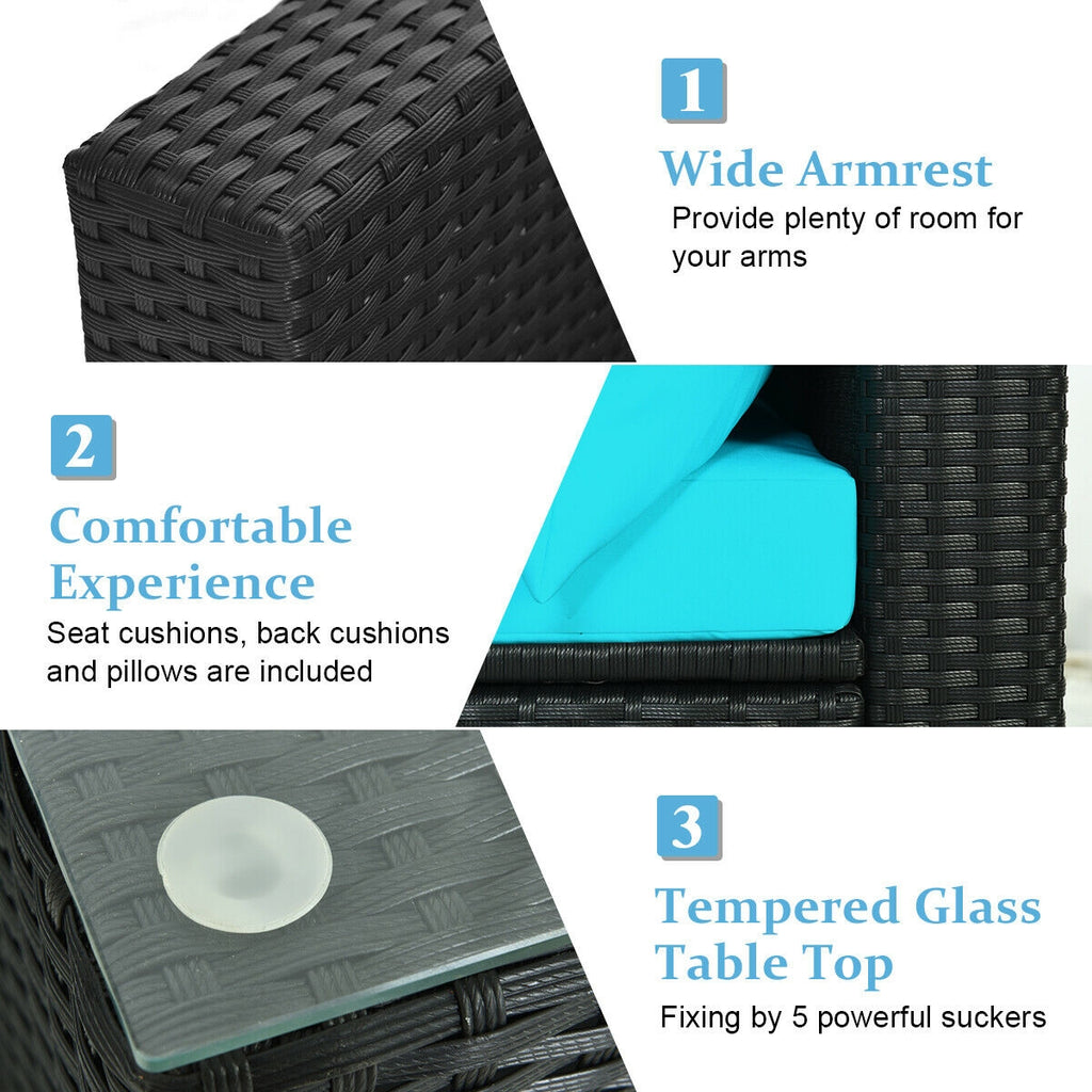 7 Pieces Sectional Wicker Sofa Set with Coffee Table - Black Rattan, Blue