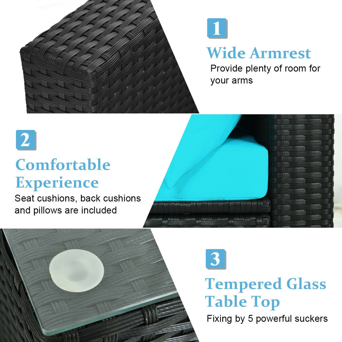 7 Pieces Sectional Wicker Sofa Set with Coffee Table - Black Rattan, Blue