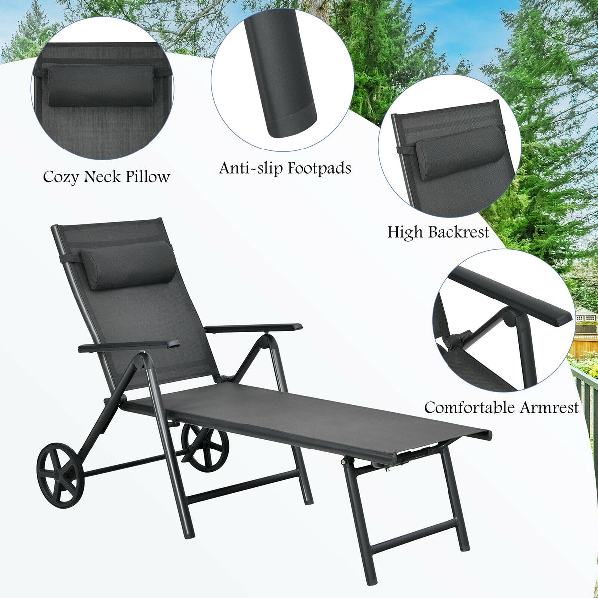 Patio Lounge Chair with Wheels Neck Pillow Aluminum Frame Adjustable