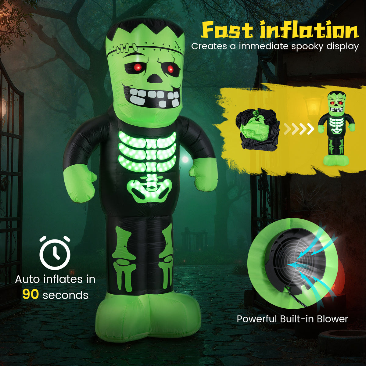 Inflatable Halloween Frankenstein Decoration - 8.4 Feet Tall with Glowing Eyes & LED Lights - Variation of This Listing
