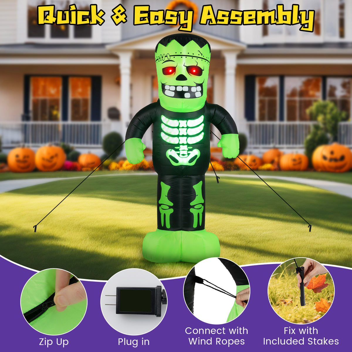 Inflatable Halloween Frankenstein Decoration - 8.4 Feet Tall with Glowing Eyes & LED Lights - Variation of This Listing