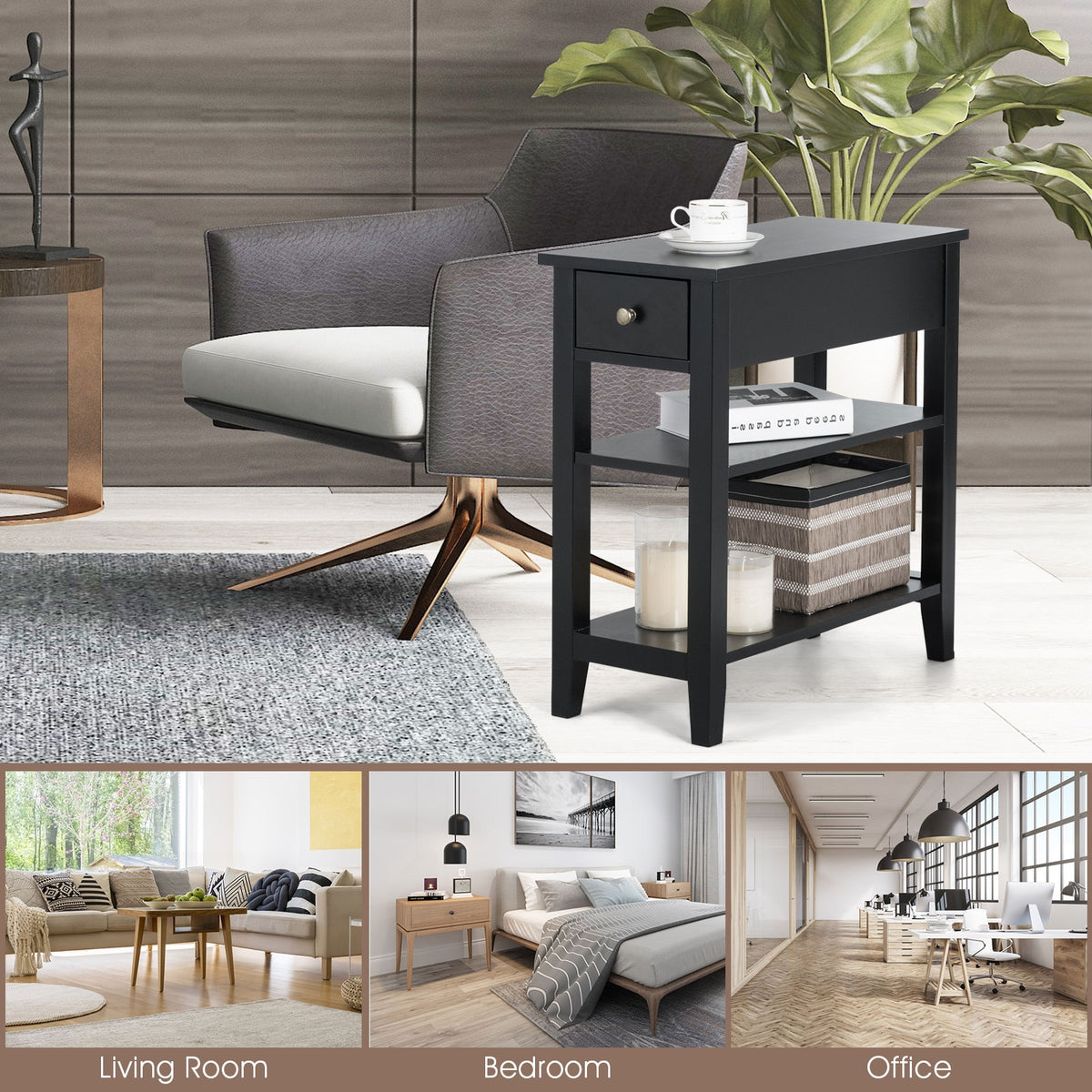 3-Tier End Table with Drawer and Shelves - Black