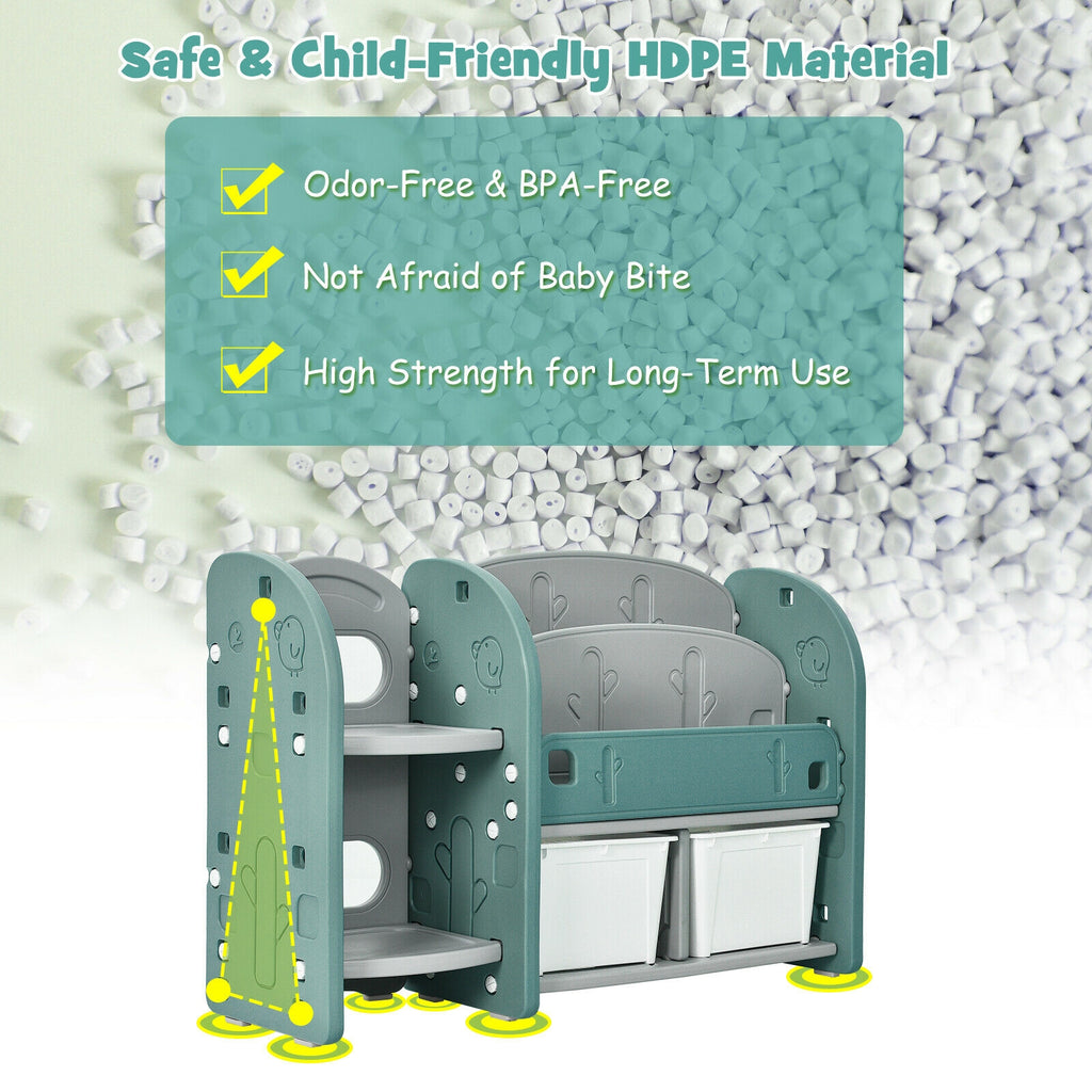 Kids Toy Storage Organizer with 2-Tier Bookshelf and Plastic Bins - Safe, Durable & Kid-Friendly