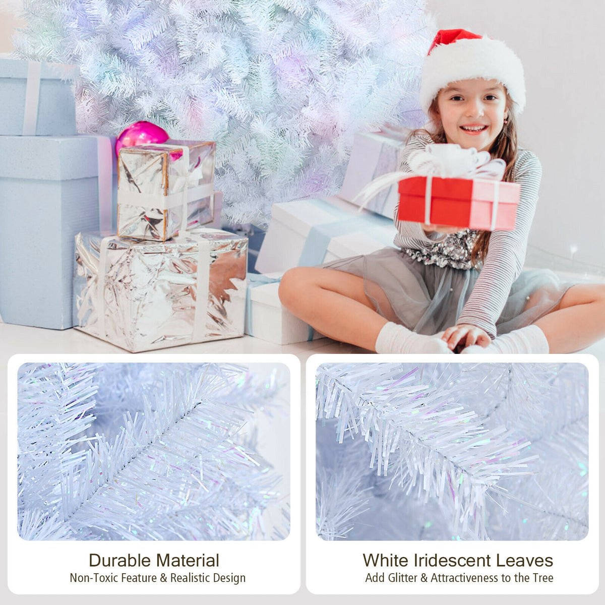 White 6 ft Artificial Christmas Tree with Iridescent Tips & Metal Stand - Foldable & Durable