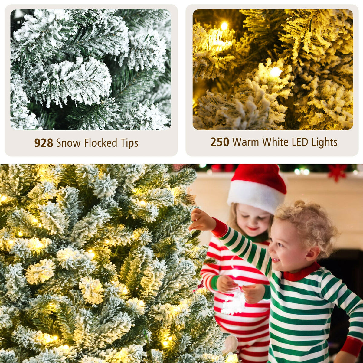 6 Ft Pre-lit Snow Flocked Christmas Tree with Metal Stand - Hinged Design