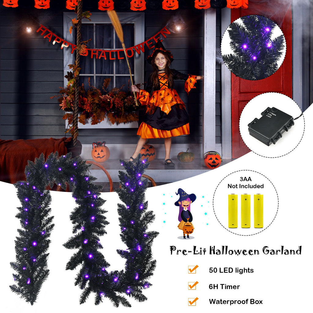 9 Feet Pre-lit Halloween Christmas Garland with Purple LED Lights - Black Theme, Waterproof, Timer, Costway