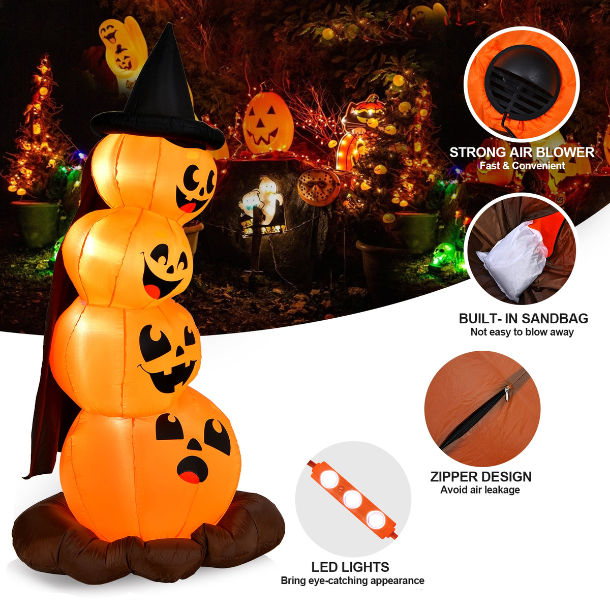 7 Feet Inflatable Pumpkin Combo with Witch's Hat & LED Lights - 4 Pumpkins Variation