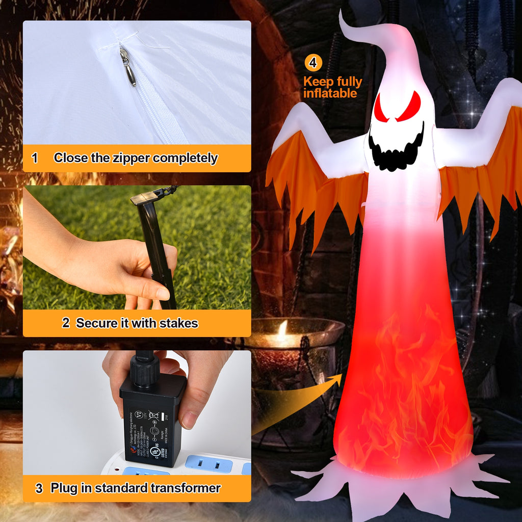 8ft Inflatable Ghost with Rotatable Flame LED Lights - Halloween Decor