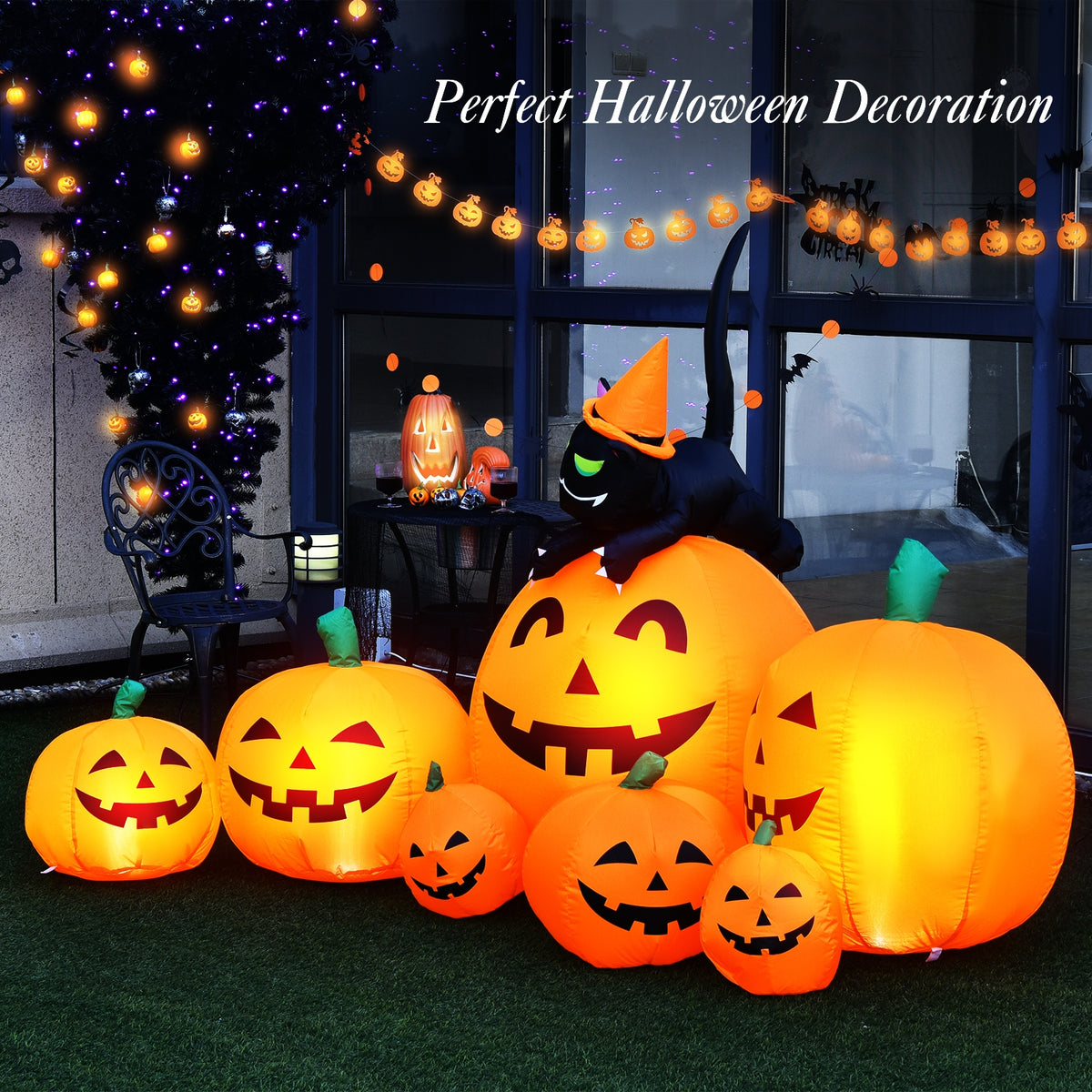 Halloween Inflatable Pumpkin Combo with Witch and Black Cat - 7.5 Feet, Includes Variation of 7 Pumpkins with Cat