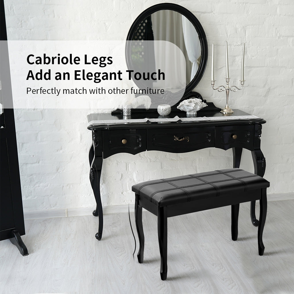 Piano Bench with Storage - Solid Wood, Black Bent Legs
