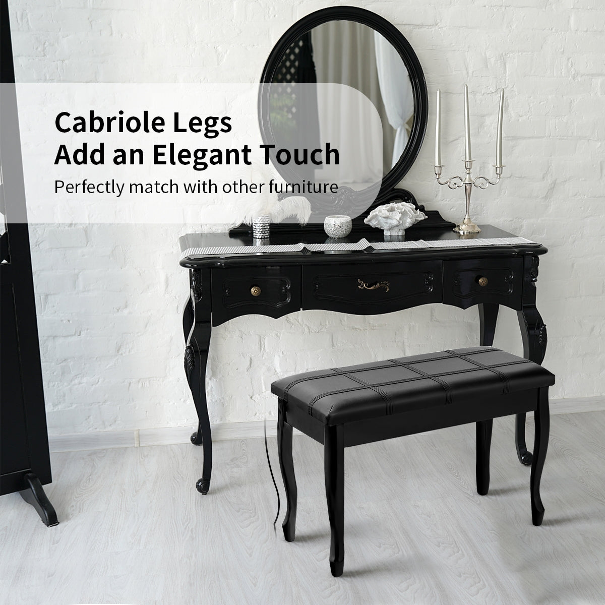 Piano Bench with Storage - Solid Wood, Black Bent Legs