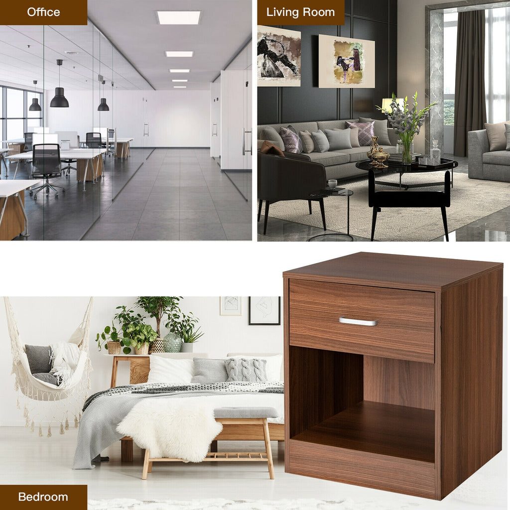 Modern Wooden Nightstand with Drawer and Open Storage - Brown