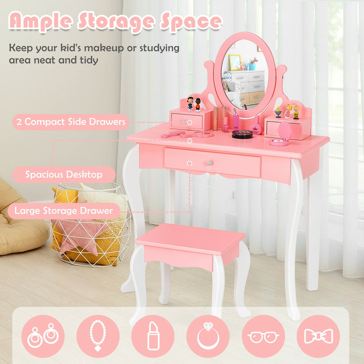 Kids Princess Makeup Dressing Vanity Set with Mirror and Drawer - Pink