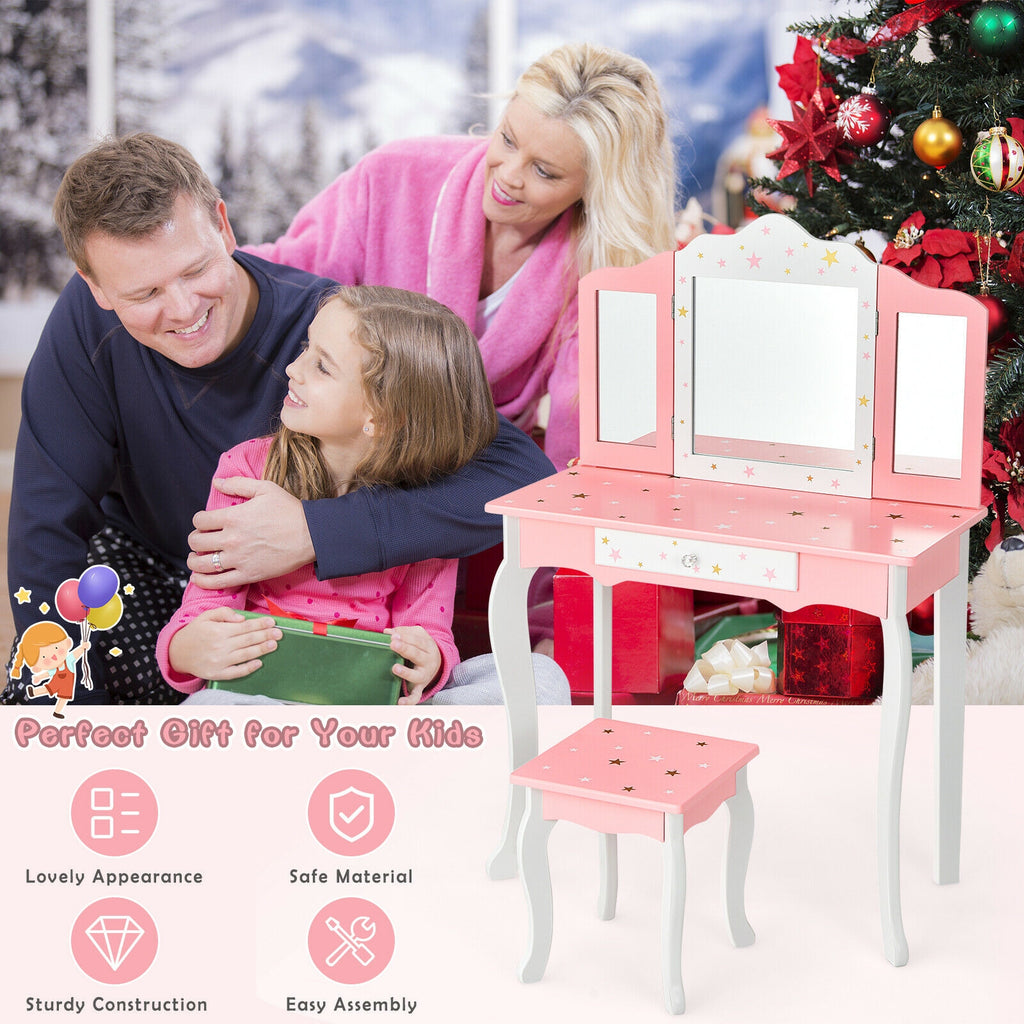 Kids Princess Vanity Table and Stool Set with Tri-Fold Mirror - Pink - Kids Bedroom Furniture