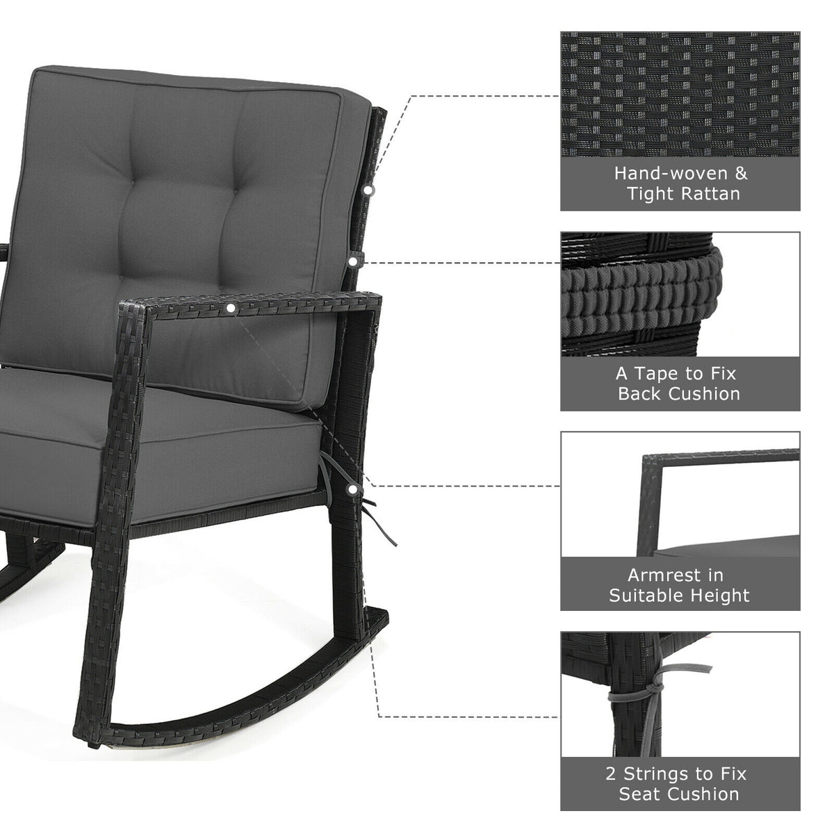 Rattan Rocking Chair with Cushion, Gray
