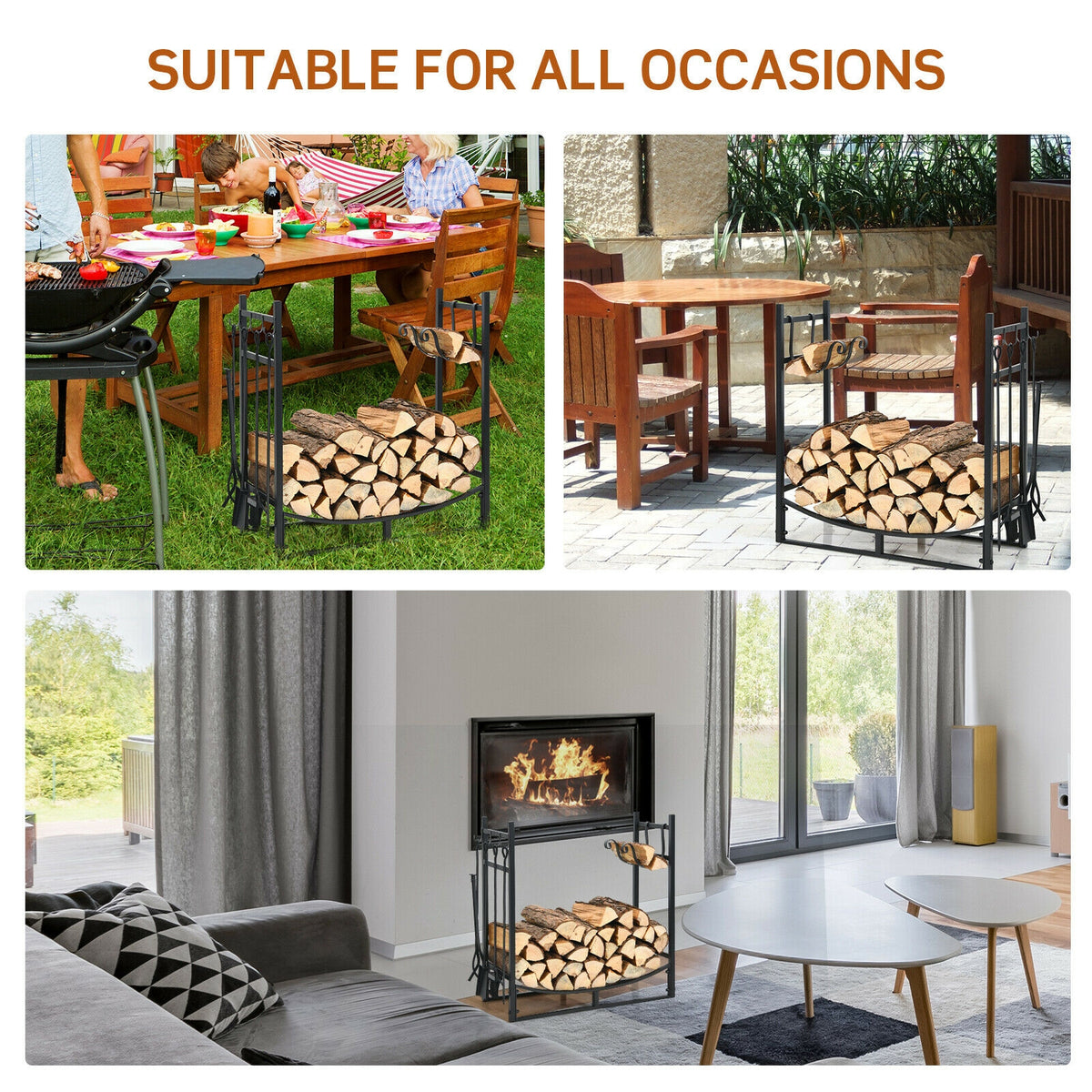 30-Inch Firewood Rack with 4-Tool Set & Kindling Holders